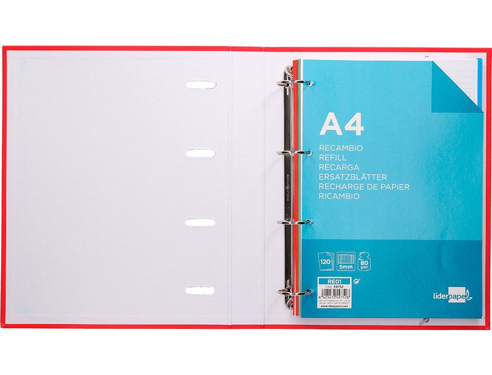 CARPETA CON RECAMBIO LIDERPAPEL A4 CUADRO 5 MM 120 HOJAS 80 G FORRADA 4 ANILLAS 40 MM REDONDAS