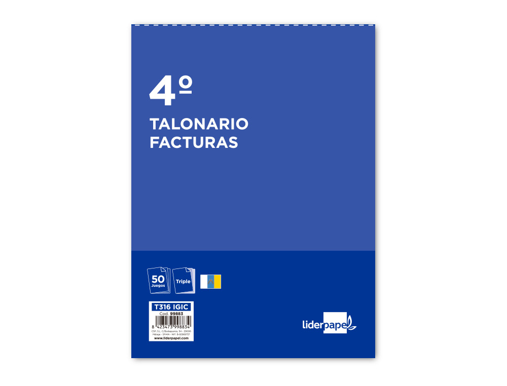 TALONARIO LIDERPAPEL FACTURAS CUARTO ORIGINAL Y 2 COPIAS T316 CON I.G.I.C.