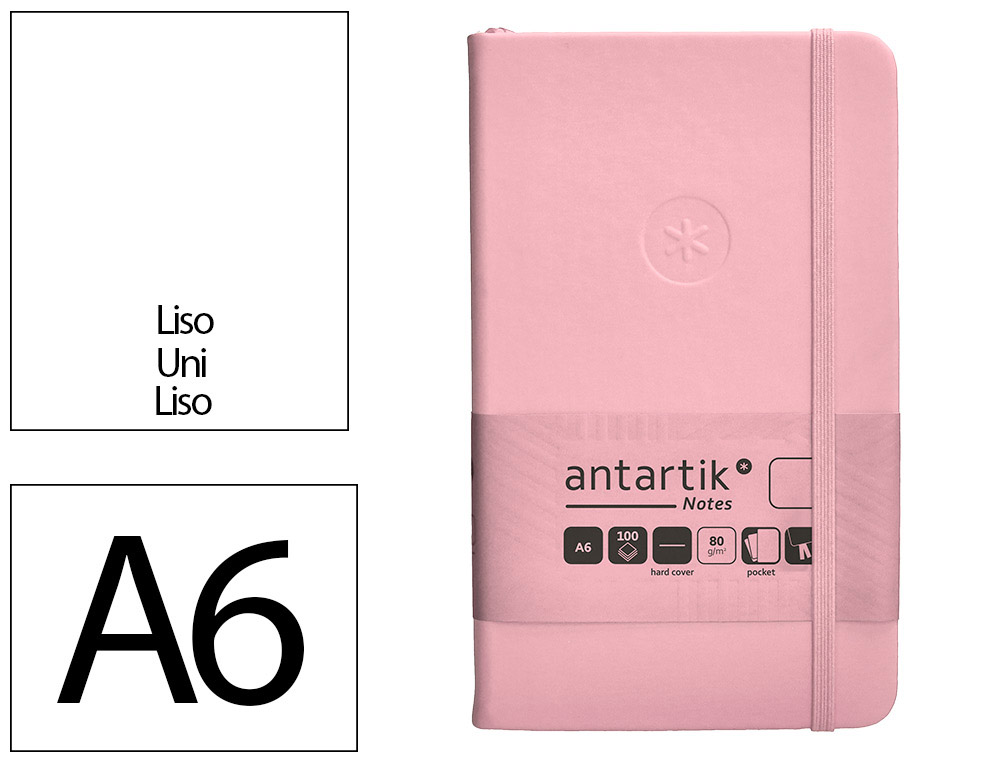 CUADERNO CON GOMILLA ANTARTIK NOTES TAPA DURA A6 HOJAS LISAS ROSA PASTEL 100 HOJAS 80 GR FSC