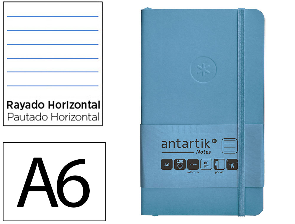 CUADERNO CON GOMILLA ANTARTIK NOTES TAPA BLANDA A6 RAYAS AZUL CLARO 100 HOJAS 80 GR FSC