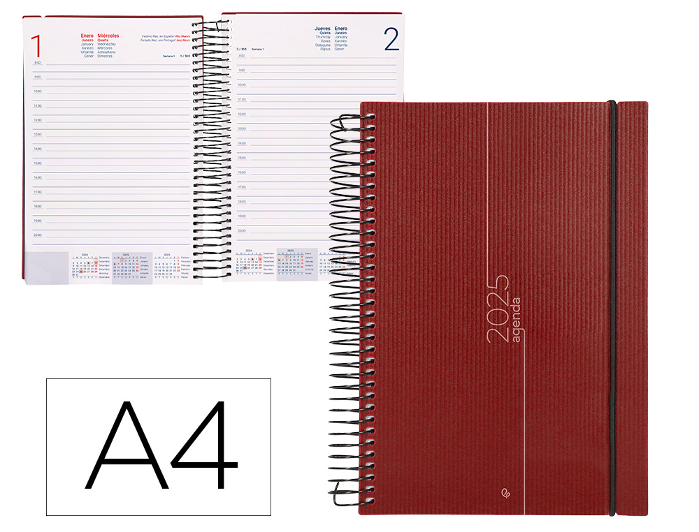 AGENDA ESPIRAL LIDERPAPEL OLBIA A4 2025 DIA PAGINA ROJO PAPEL 60 GR