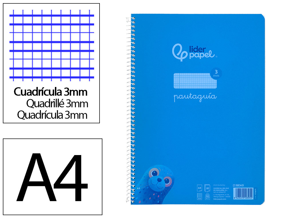 CUADERNO ESPIRAL LIDERPAPEL DIN A4 PAUTAGUIA TAPA PLASTICO 80H 90GR CUADRO PAUTADO 3MM CON MARGEN COLOR AZUL