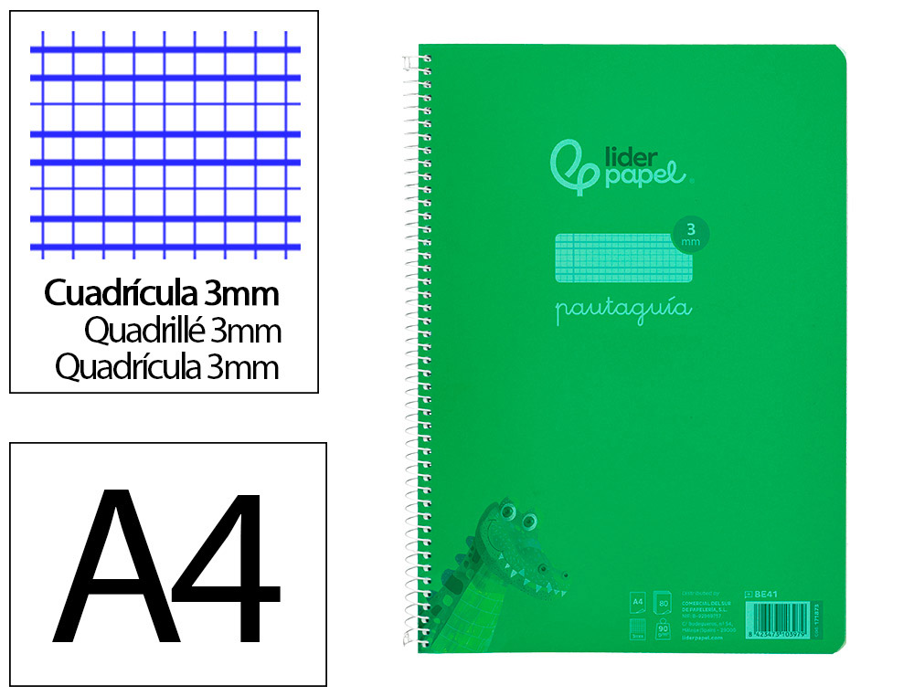 CUADERNO ESPIRAL LIDERPAPEL DIN A4 PAUTAGUIA TAPA PLASTICO 80H 90GR CUADRO PAUTADO 3MM CON MARGEN COLOR VERDE