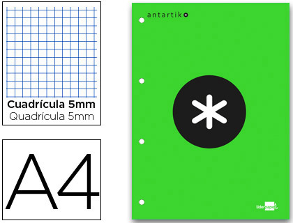 BLOC ENCOLADO LIDERPAPEL ANTARTIK CUADRO 5 MM A4 NATURAL 80 H 100 GR COLOR VERDE