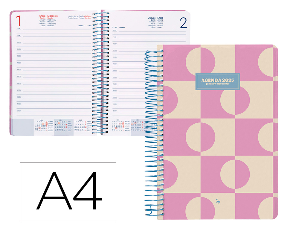 AGENDA ESPIRAL LIDERPAPEL CLASSIC A4 2025 DIA PAGINA ROSA PAPEL 70 GR