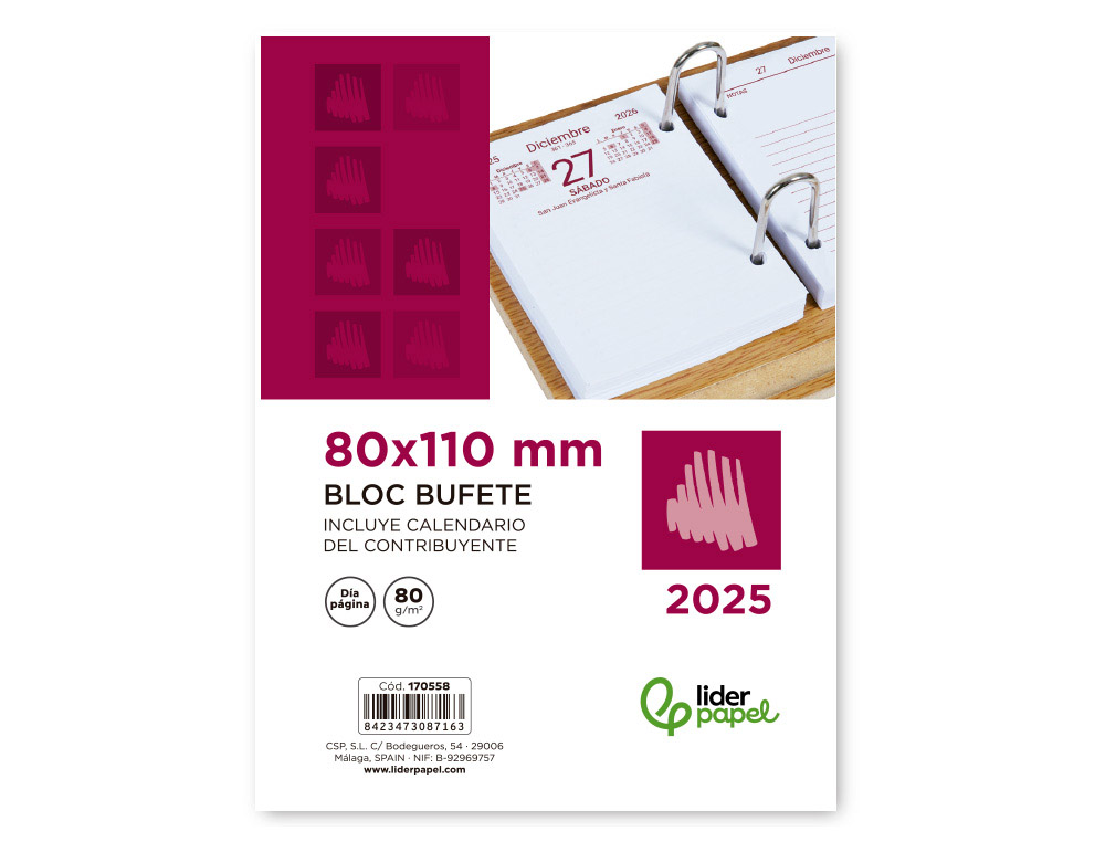 BLOC BUFETE LIDERPAPEL 2025 DIA PAGINA 80X110 MM PAPEL 80 GR