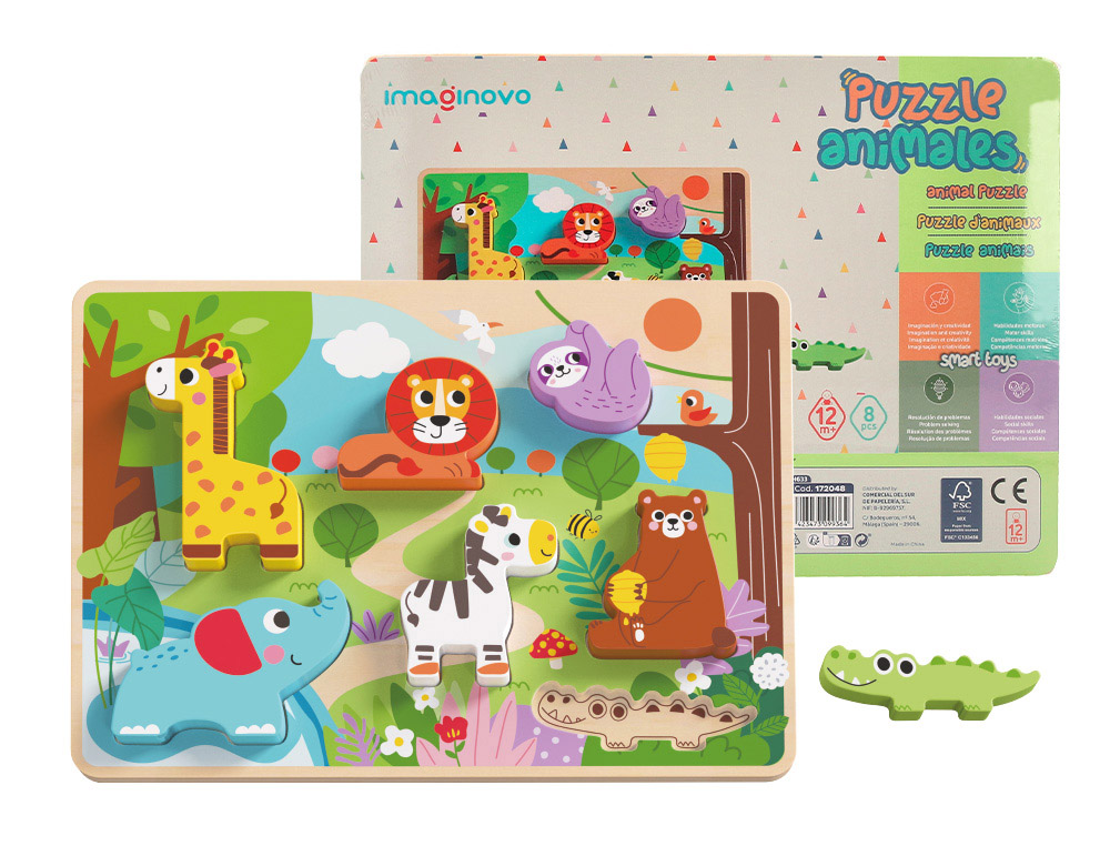 PUZLE INFANTIL IMAGINOVO MADERA 3D ANIMALES +12 MESES 8 PIEZAS 29,5X22X1,7CM