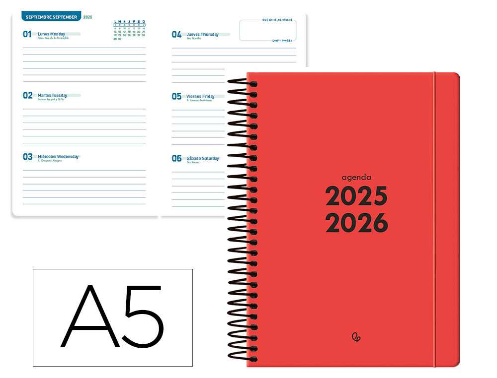 AGENDA ESCOLAR LIDERPAPEL 25-26 ESPIRAL BASIC ROJO SEMANA VISTA A5 BILINGE PAPEL FSC 70 GR