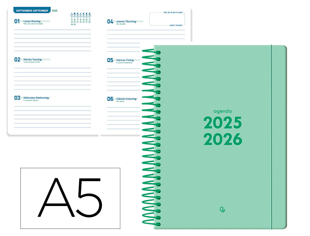 AGENDA ESCOLAR LIDERPAPEL 25-2 6 ESPIRAL BASIC VERDE MENTA SEMANA VISTA A5 BILINGE PAPEL FSC 70 GR