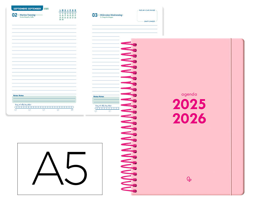 AGENDA ESCOLAR LIDERPAPEL 25-26 ESPIRAL BASIC ROSA DIA PAGINA A5 BILINGE PAPEL FSC 70 GR