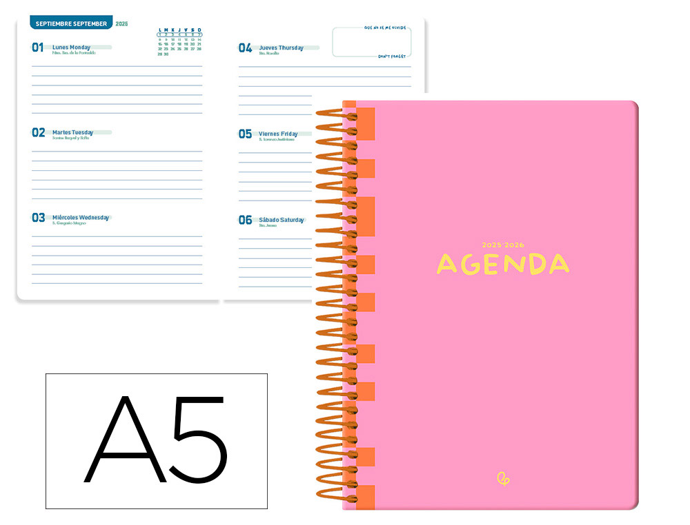 AGENDA ESCOLAR LIDERPAPEL 25-26 ESPIRAL CLASSIC ROSA SEMANA VISTA A5 BILINGE PAPEL FSC 70 GR