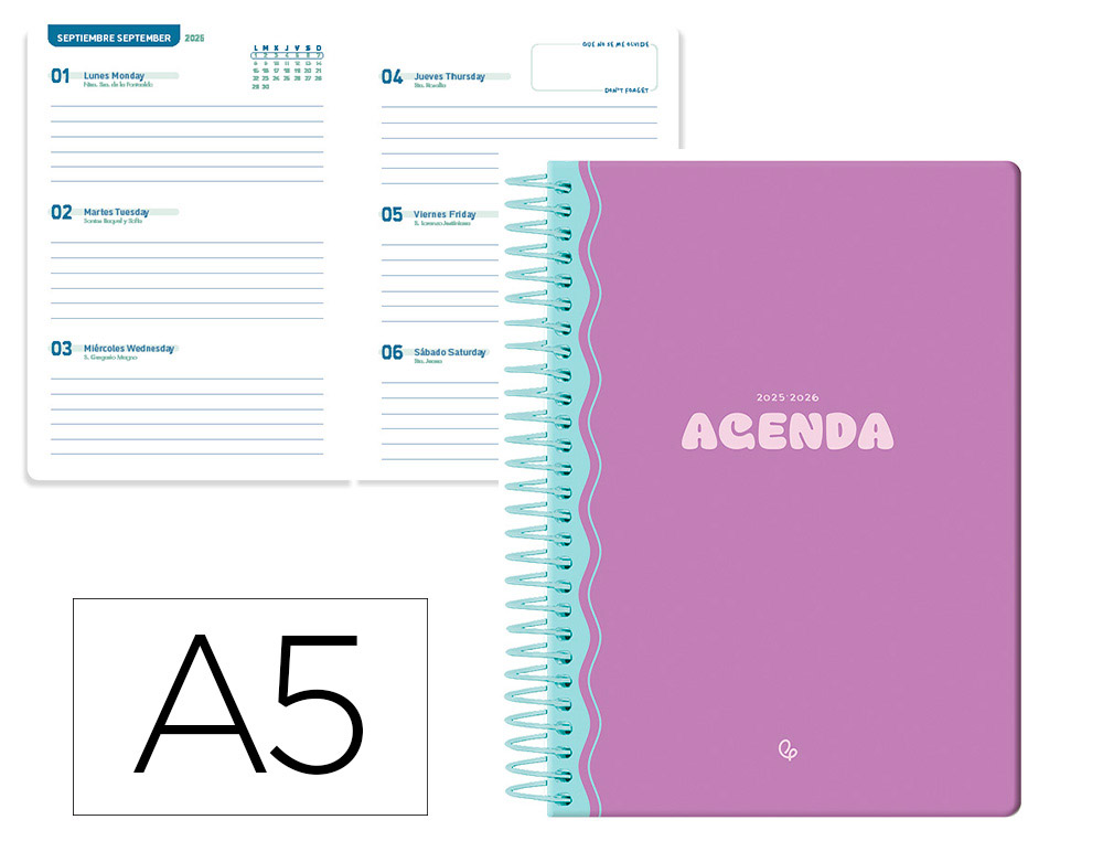 AGENDA ESCOLAR LIDERPAPEL 25-26 ESPIRAL CLASSIC MORADO SEMANA VISTA A5 BILINGE PAPEL FSC 70 GR