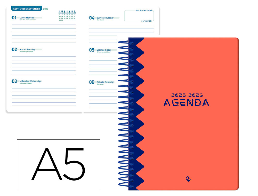 AGENDA ESCOLAR LIDERPAPEL 25-26 ESPIRAL CLASSIC ROJO SEMANA VISTA A5 BILINGE PAPEL FSC 70 GR