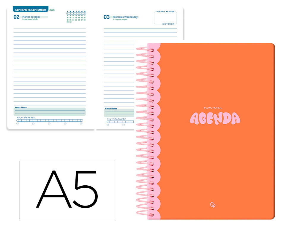AGENDA ESCOLAR LIDERPAPEL 25-26 ESPIRAL CLASSIC NARANJA DIA PAGINA A5 BILINGE PAPEL FSC 70 GR