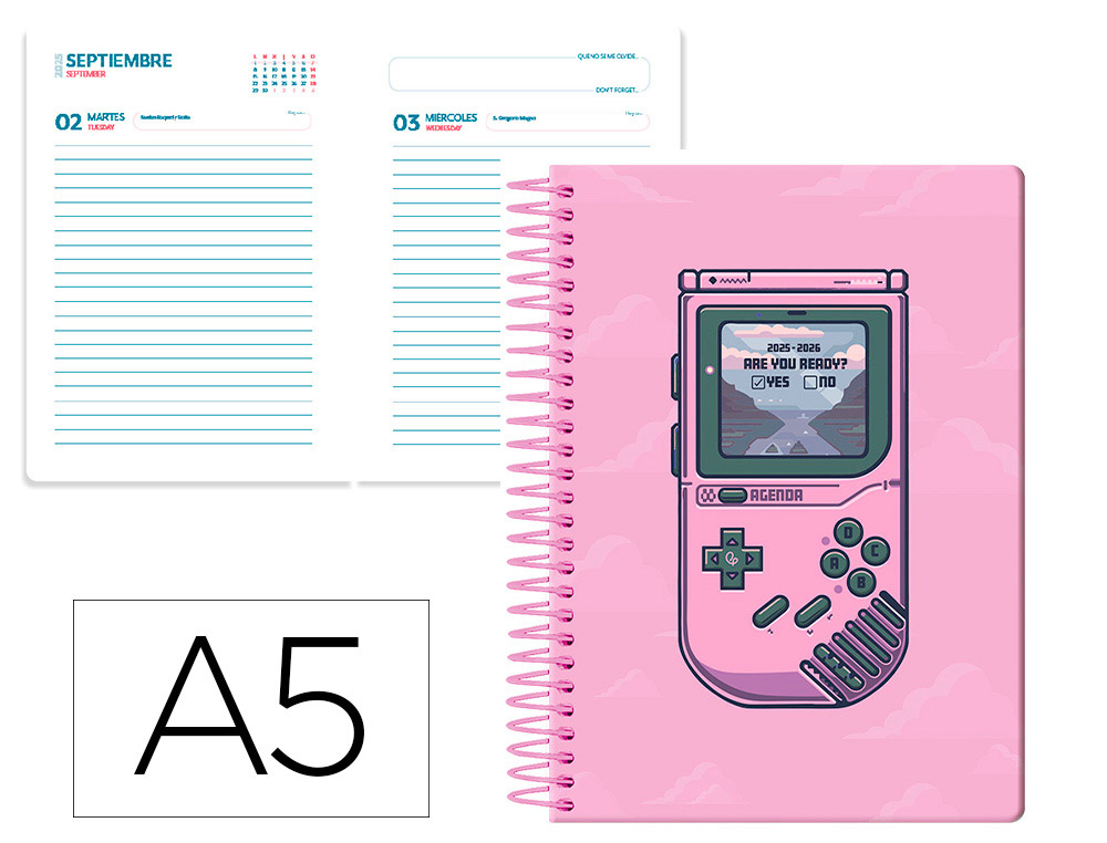 AGENDA ESCOLAR LIDERPAPEL 25-26 ESPIRAL GAME ON ROSA DIA PAGINA A5 BILINGE PAPEL FSC 80 GR