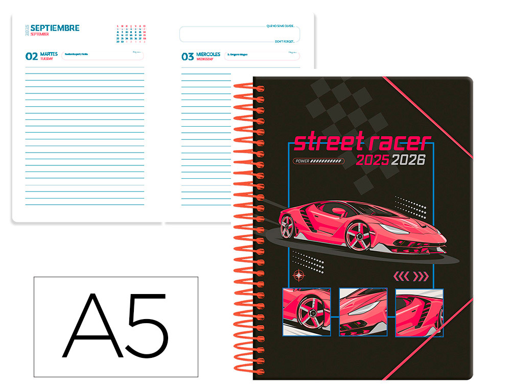 AGENDA ESCOLAR LIDERPAPEL 25-26 ESPIRAL CARS ROJO DIA PAGINA A5 BILINGE PAPEL FSC 80 GR