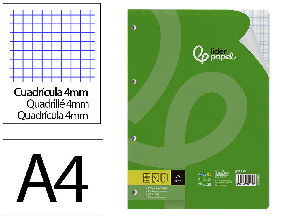 RECAMBIO LIDERPAPEL A4 80 HOJAS 75GR CUADRO 4 MM CON MARGEN 4 TALADROS