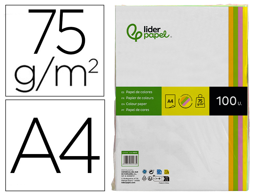 PAPEL COLOR LIDERPAPEL A4 75GR NEON 4 COLORES SURTIDOS PAQUETE DE 500 HOJAS