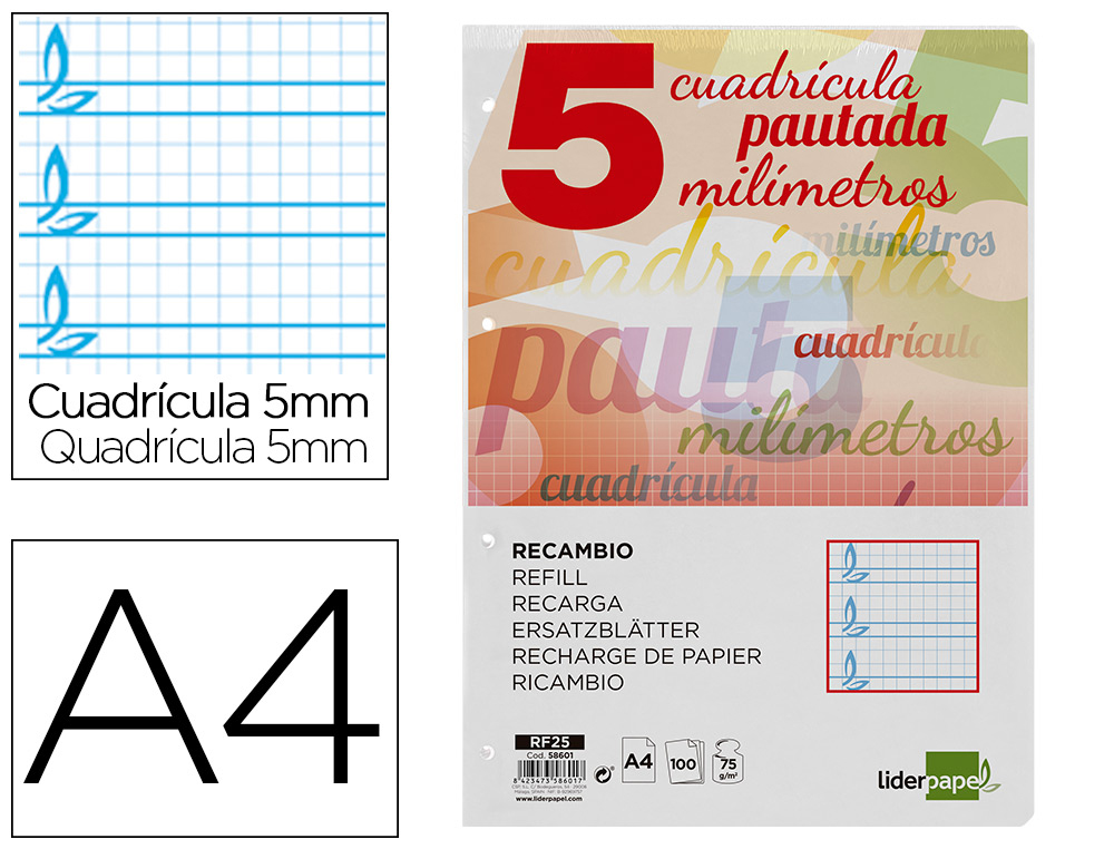 RECAMBIO LIDERPAPEL A4 PAUTAGUIA 100 HOJAS 75GR CUADRICULADO PAUTADO 5MM CON MARGEN 4 TALADROS